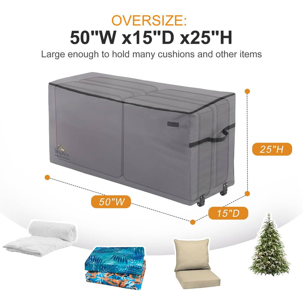 Oversized grey rolling cushion storage bag with wheels and padded top carrying handle.