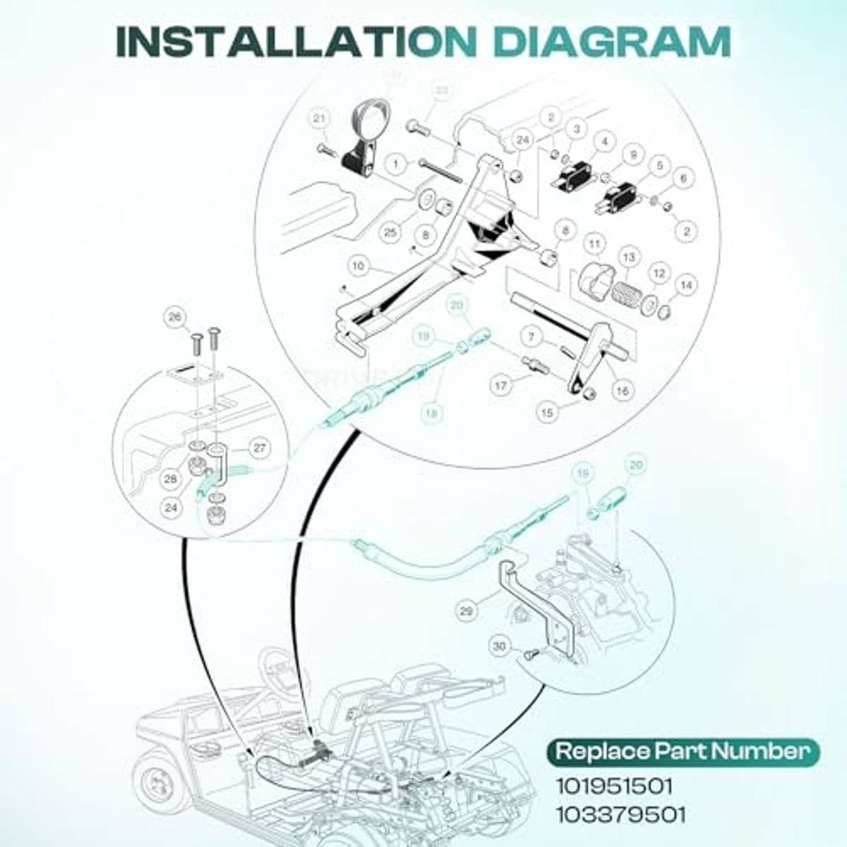 Transmission shift cable routing diagram with connectors and hardware