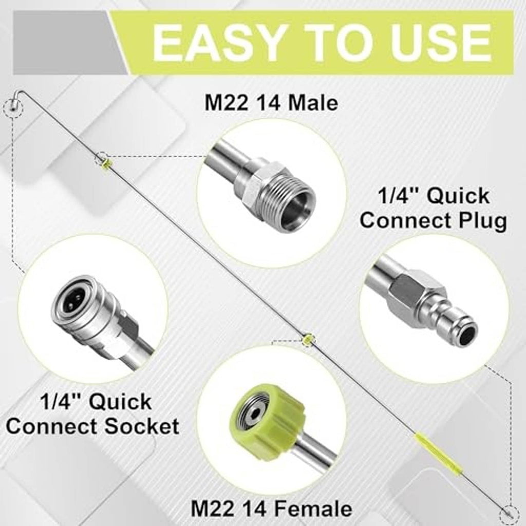 Pressure washer extension wand with M22 14 male and 1/4 quick-connect plug fittings