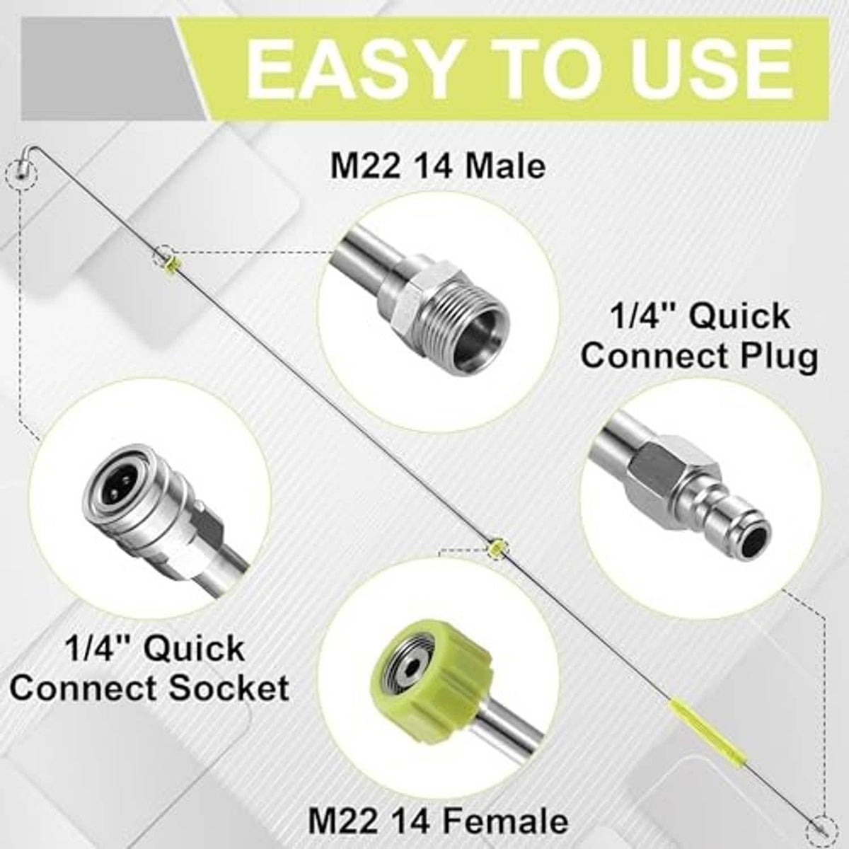 Pressure washer extension wand with M22 14 male and 1/4 quick-connect plug fittings