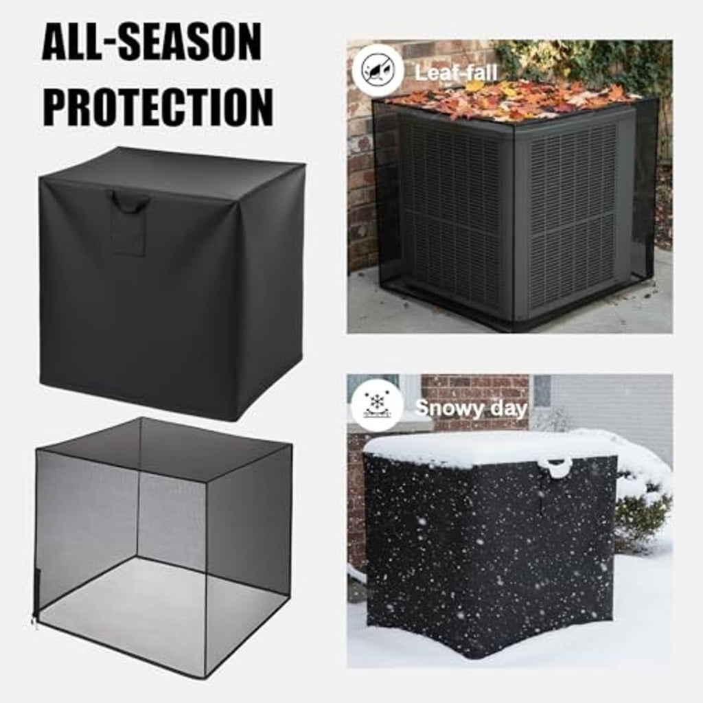 Black outdoor air conditioner cover with handle; shown in leaf-fall and snowy day scenes.