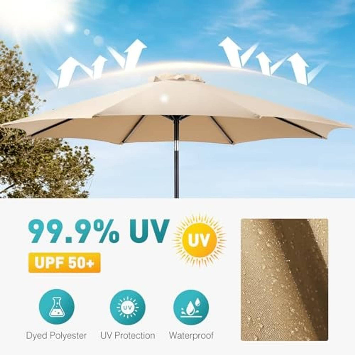 Tan patio umbrella with UV-protective canopy fabric and water-resistant texture