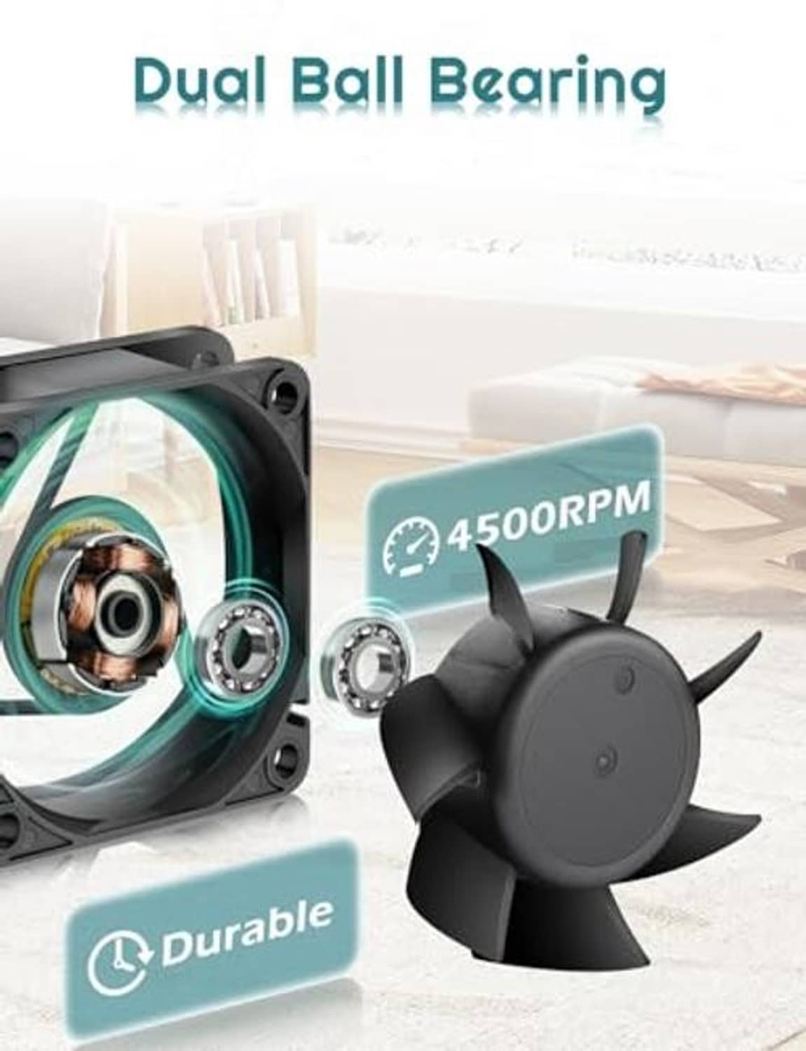 Dual ball bearing 24V DC brushless cooling fan with blades and 2-pin connector, black body