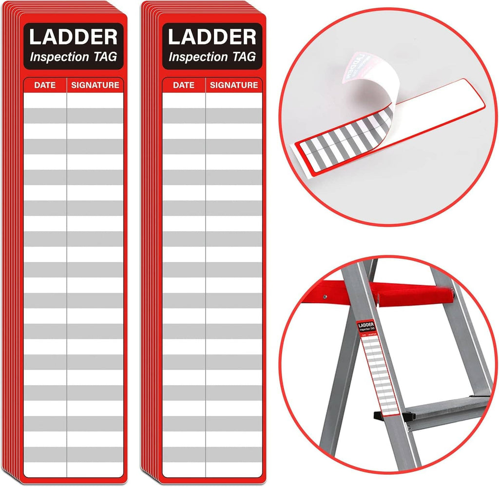 Red-bordered ladder inspection tag stickers with grey stripes, date and signature sections