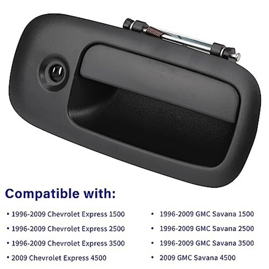 Exterior door handle with round key lock hole and visible metal linkage across the top.