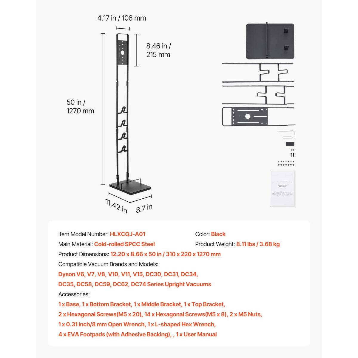Vacuum stand dimension diagram with tall black frame and square base