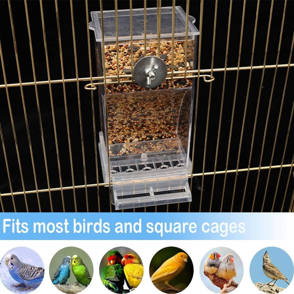 Transparent cage-mounted bird feeder with round metal dispenser, filled with mixed seeds