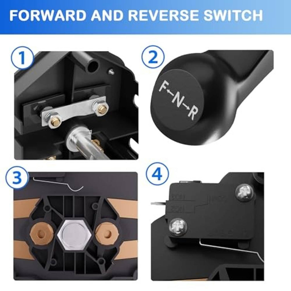 Close-up of forward and reverse switch with F-N-R handle and contact positions