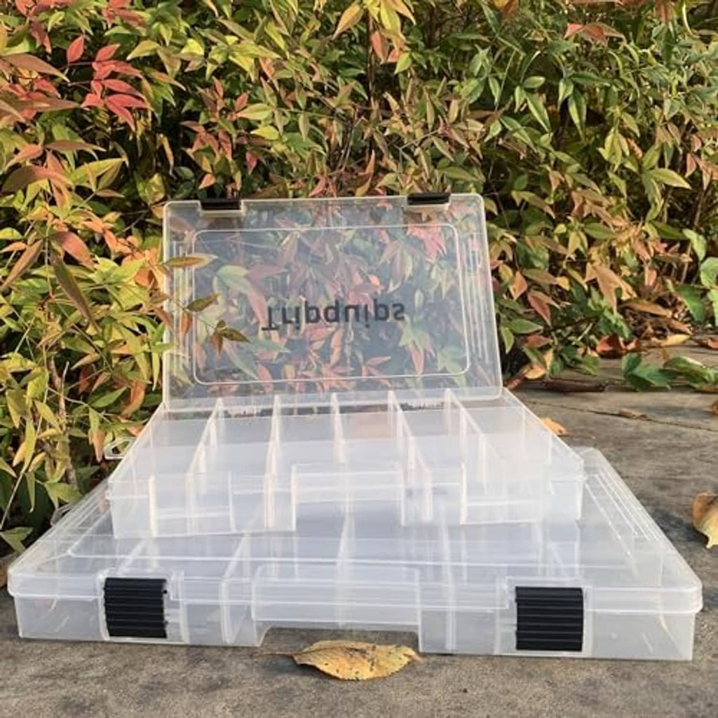 Two-part clear tackle tray storage box with lid open and black latch tabs