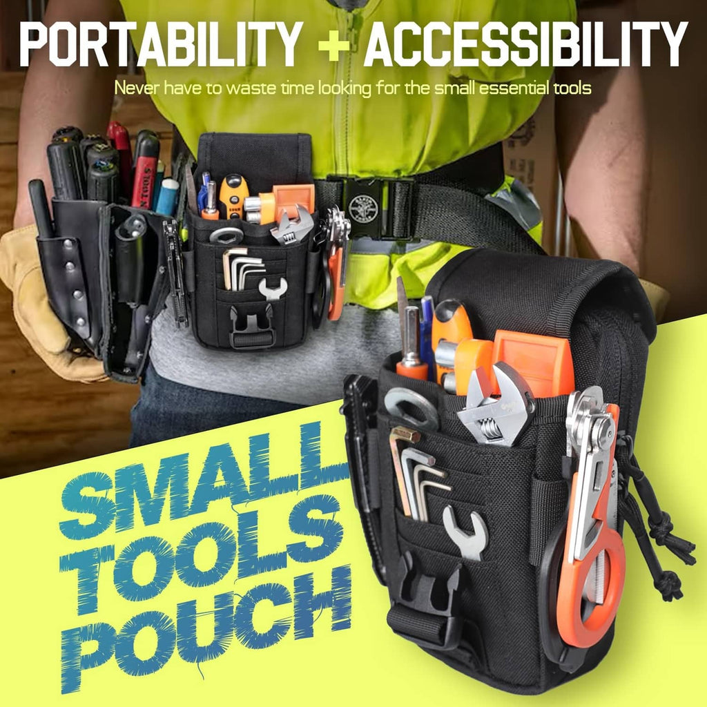 Black MOLLE utility phone pouch with front organizers and carabiner loop