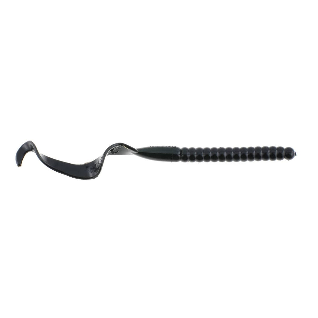 Dark soft plastic curly-tail worm lure, hook-ready design