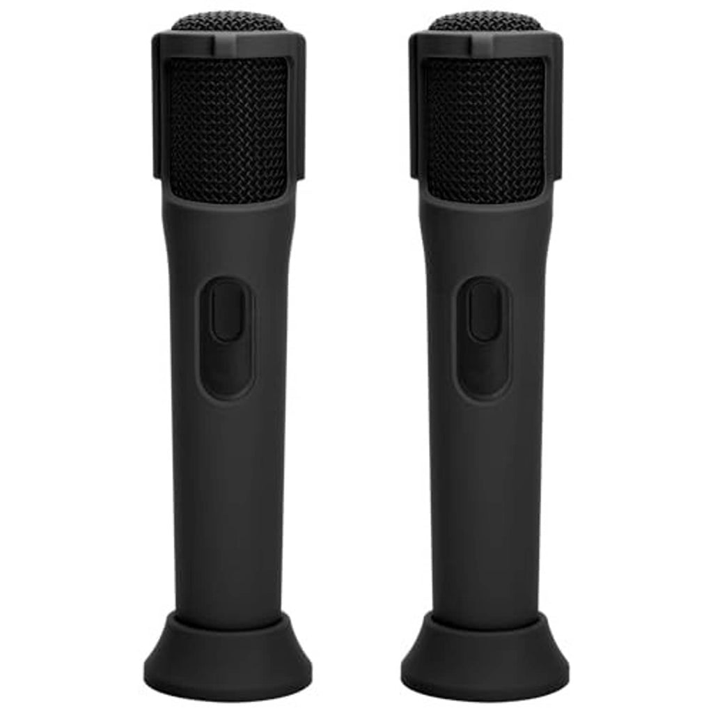 Pair of black silicone microphone cases with textured grille and oval side button cutout
