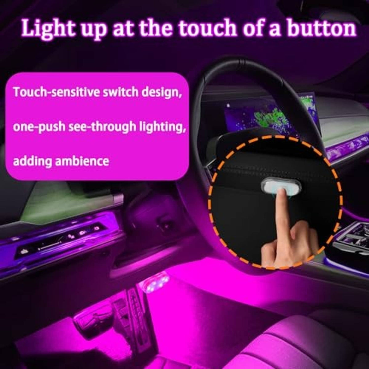 Car interior LED light with touch-sensitive switch, glowing purple around the dashboard