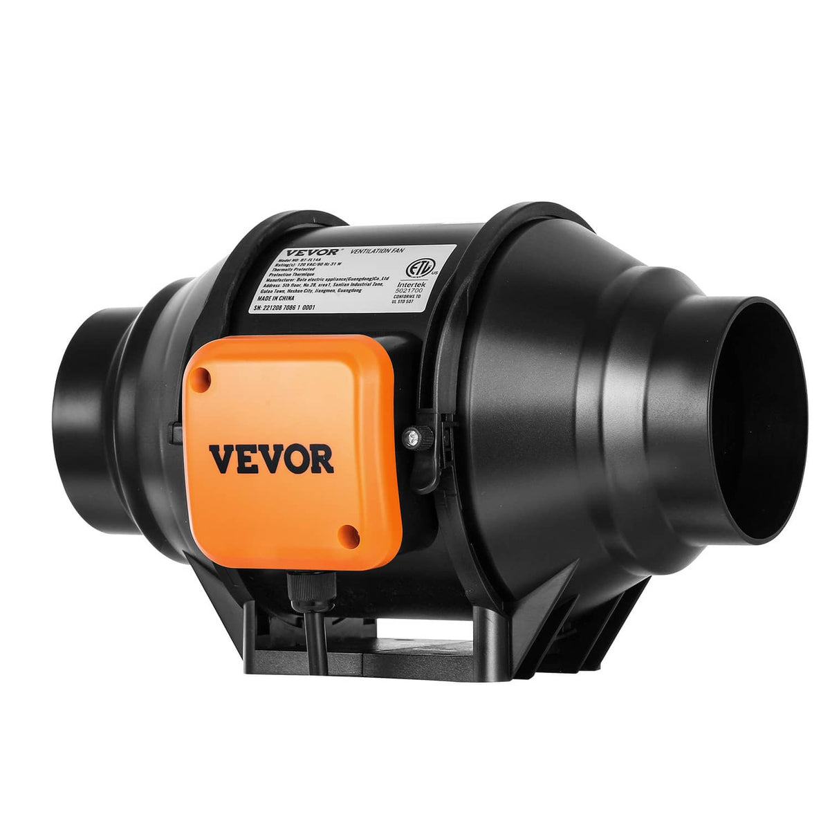 VEVOR 4-inch inline duct fan blower, angled view with orange switch box