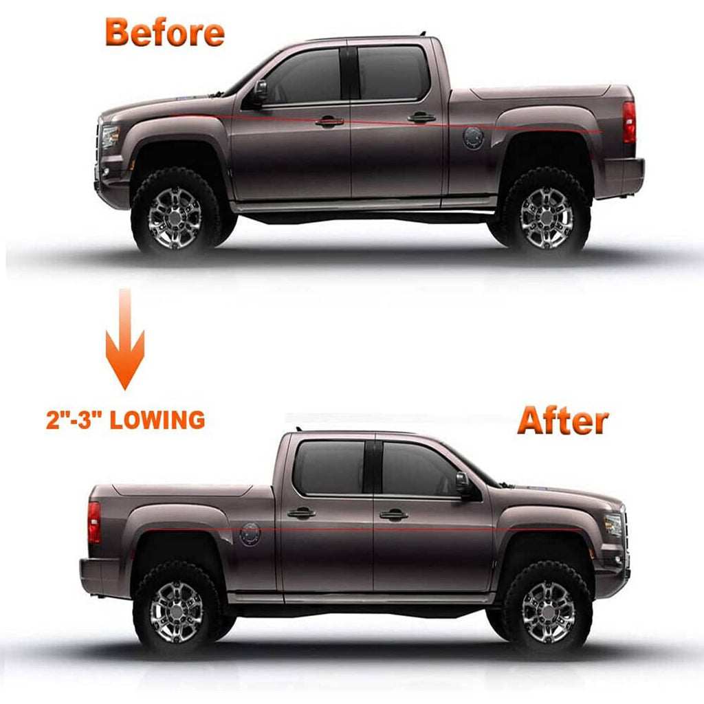 Pickup truck before-and-after showing rear lowering from rear drop shackles.