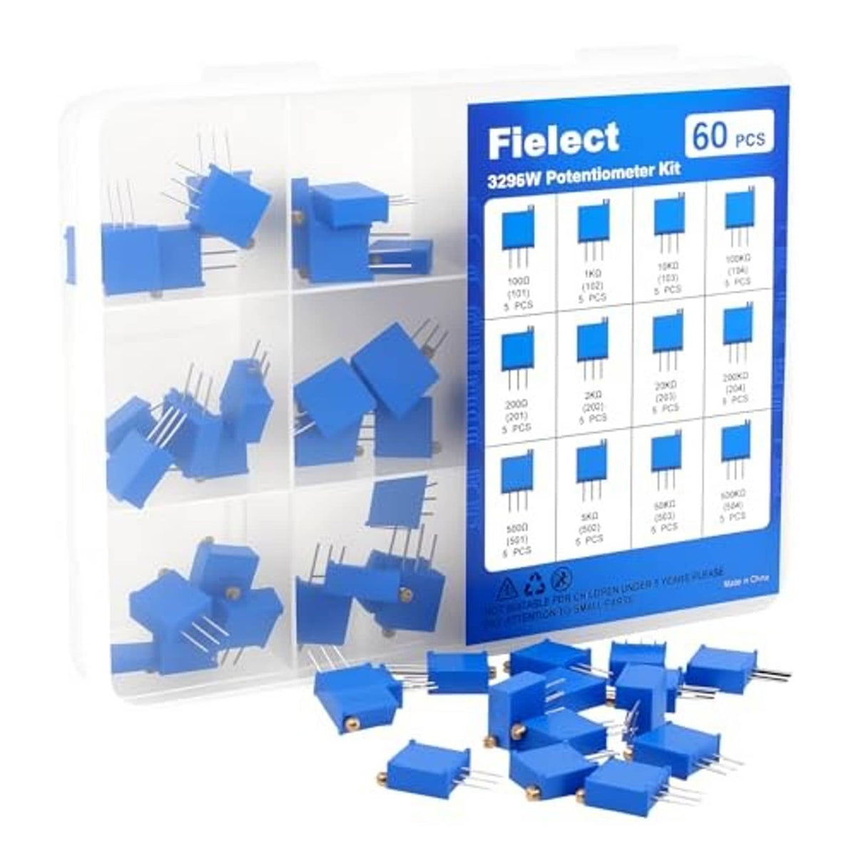 Blue multiturn trimmer potentiometers kit in clear compartment organizer tray with pins
