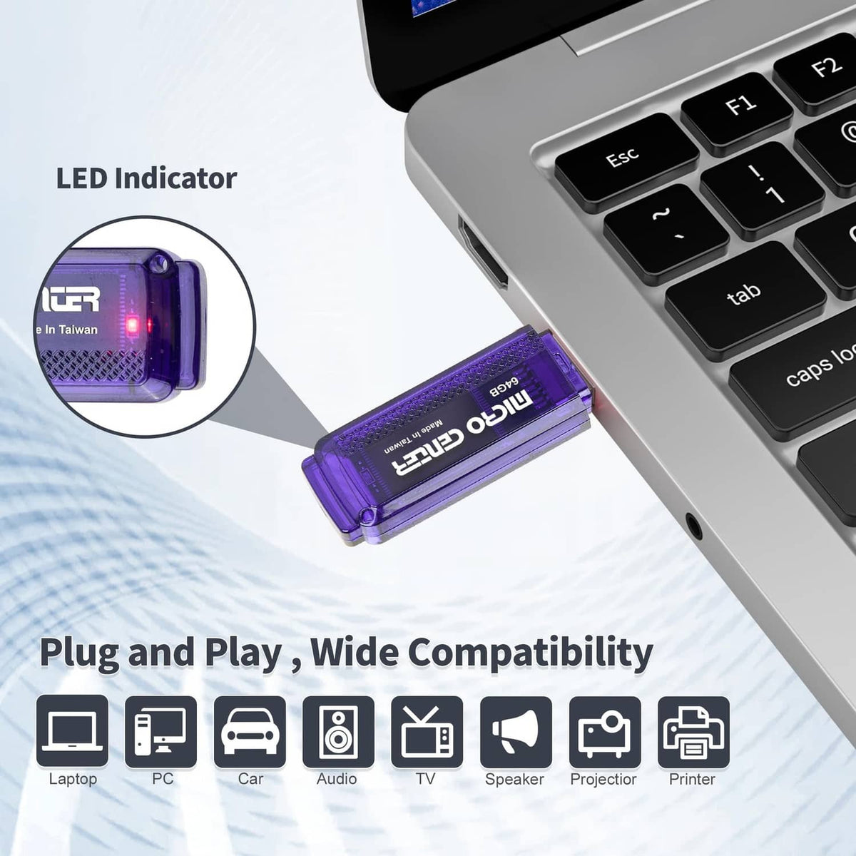 Blue USB 3.0 flash drive with visible LED indicator
