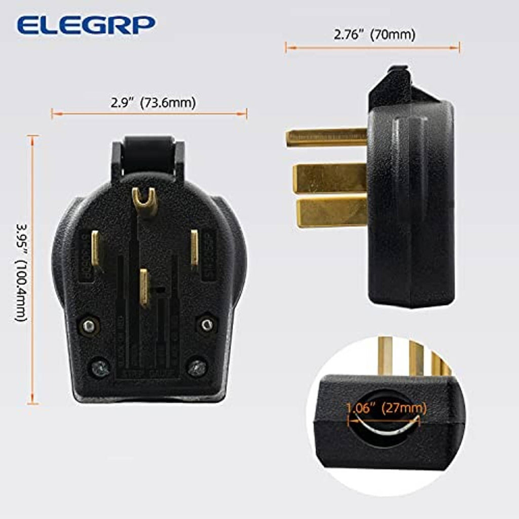 Black 4-prong NEMA plug with gold-toned blades and side profile dimensions