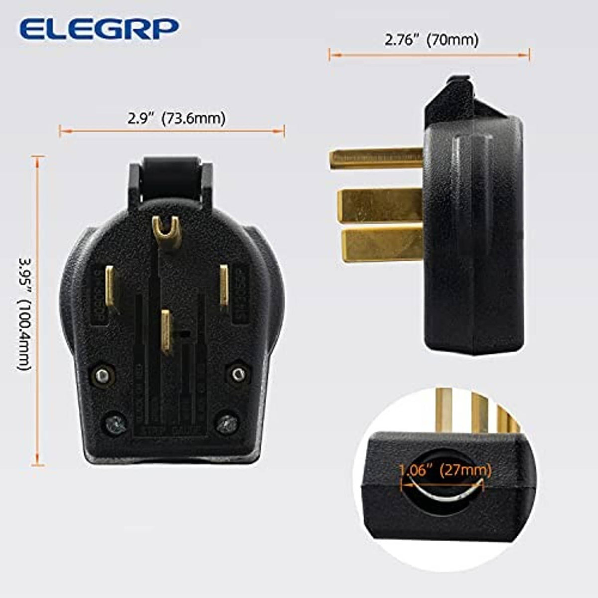 Black 4-prong NEMA plug with gold-toned blades and side profile dimensions