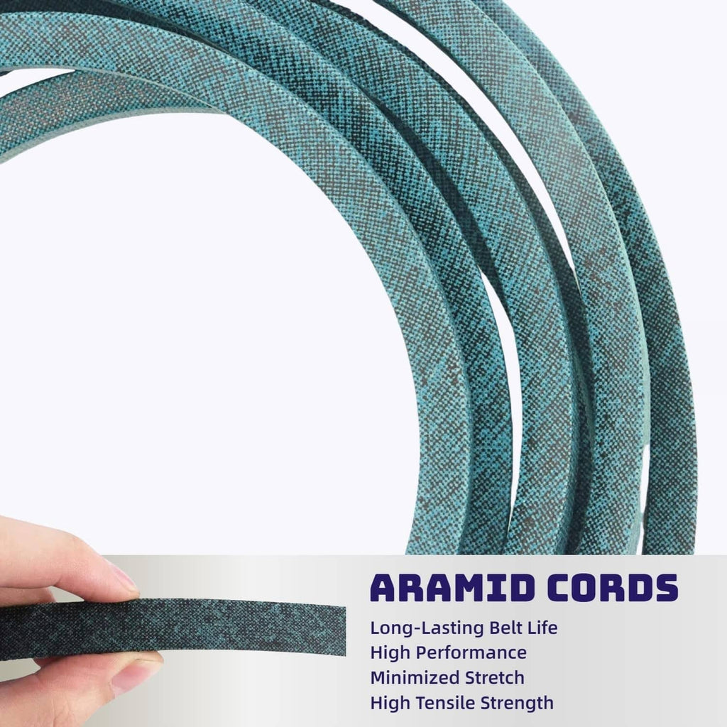 Teal multi-groove mower drive belt in close-up, held by hand