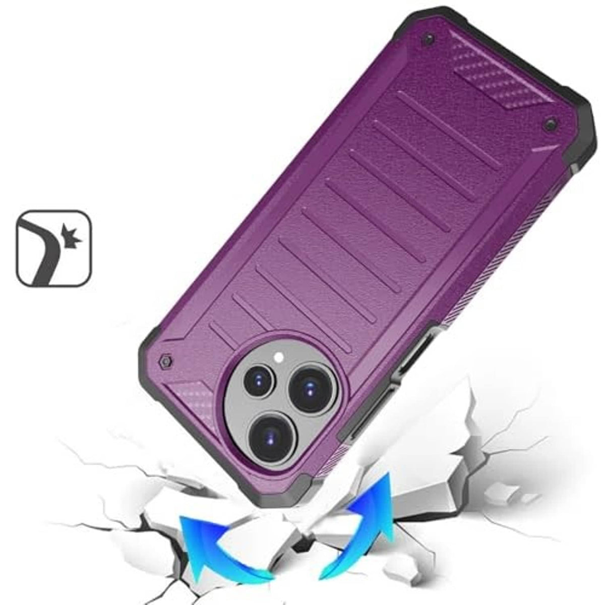 Purple rugged phone case with textured grip and raised camera protection