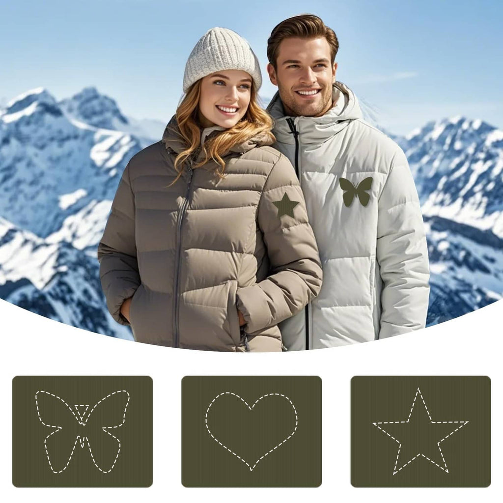 Army green decorative repair patches stitched on a puffer jacket front