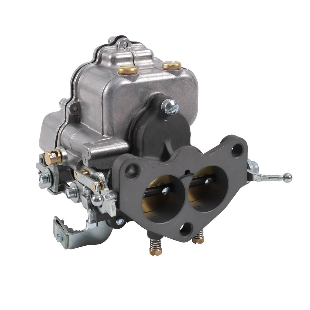 2-barrel carburetor with black throttle body, twin bores, and silver fuel bowl
