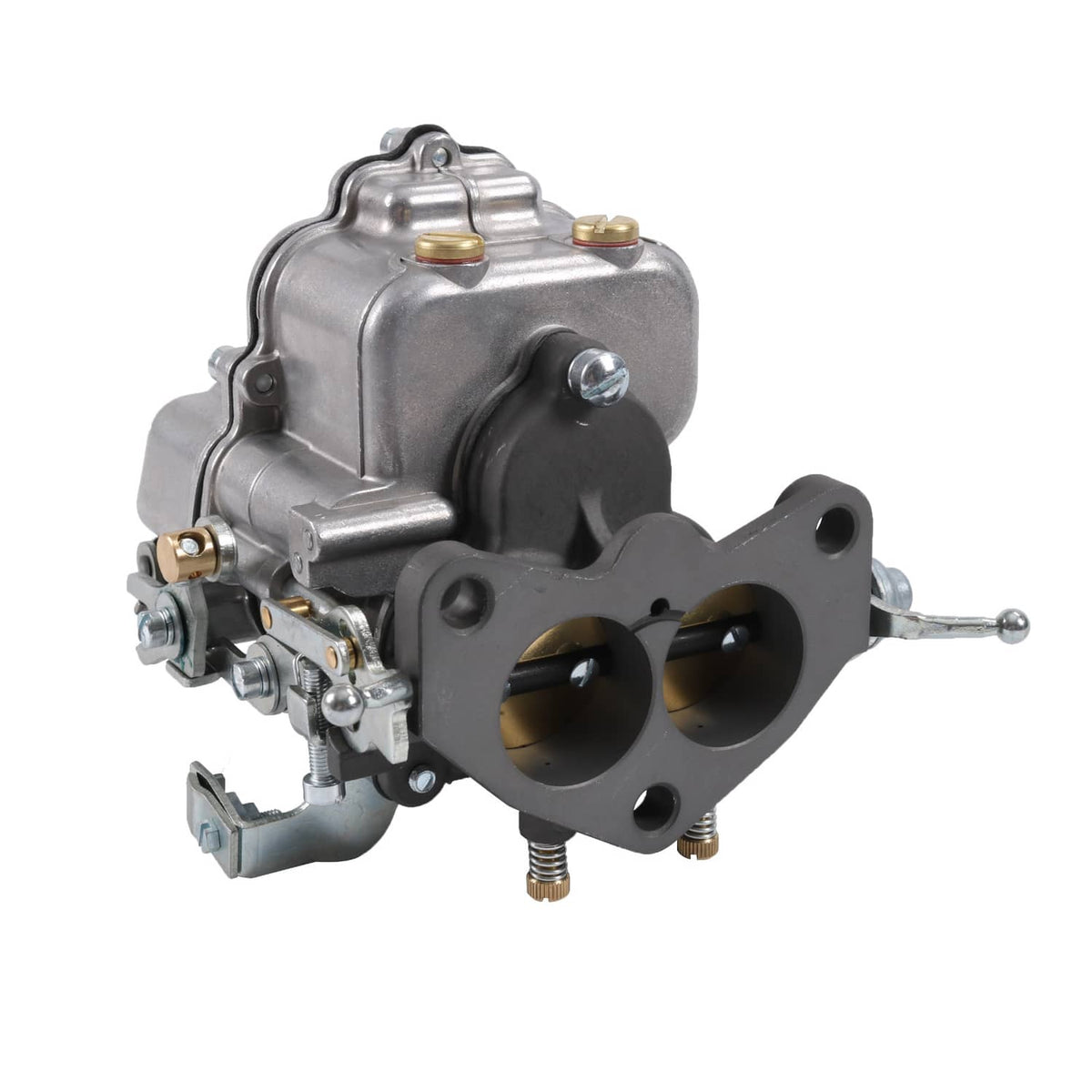2-barrel carburetor with black throttle body, twin bores, and silver fuel bowl