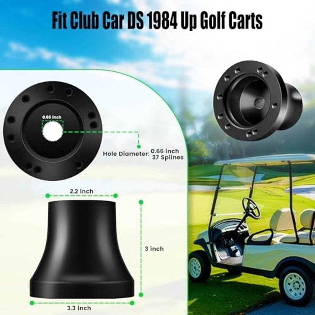 Black steering wheel adapter with sizing diagram for bolt holes and hub fit