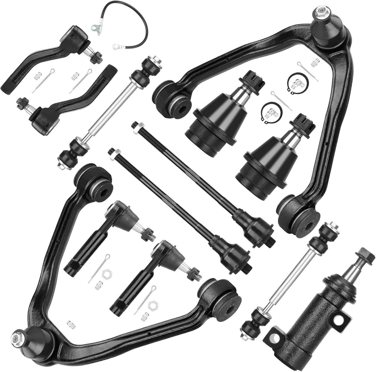 Front suspension control arms and tie rods kit, black metal ball joints and rods, 13-piece set