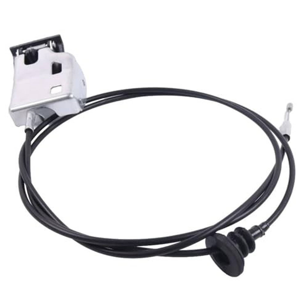 Hood release cable with black wiring, metal latch bracket and two terminals