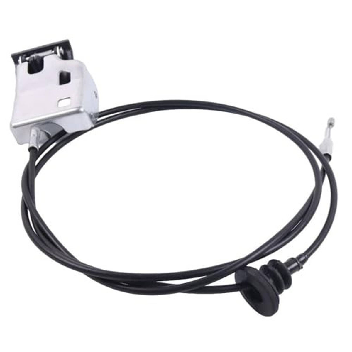 Hood release cable with black wiring, metal latch bracket and two terminals