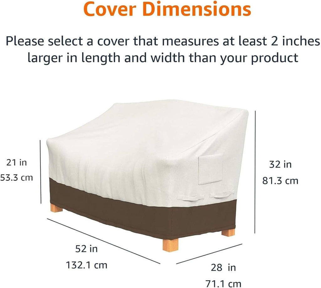 2-seater outdoor couch cover on patio furniture, cream top with brown base trim.