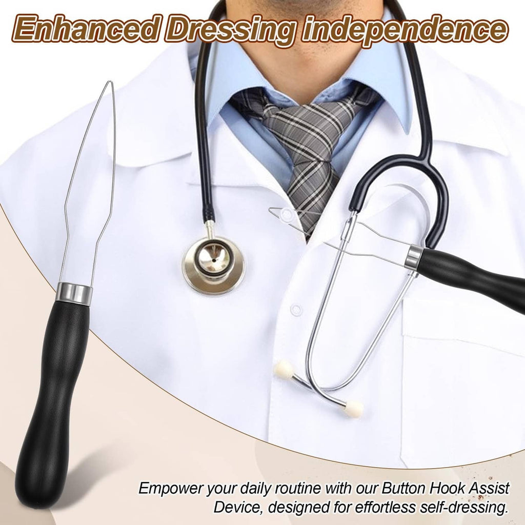 Black one-hand button hook tool with metal loop tip for single-hand dressing