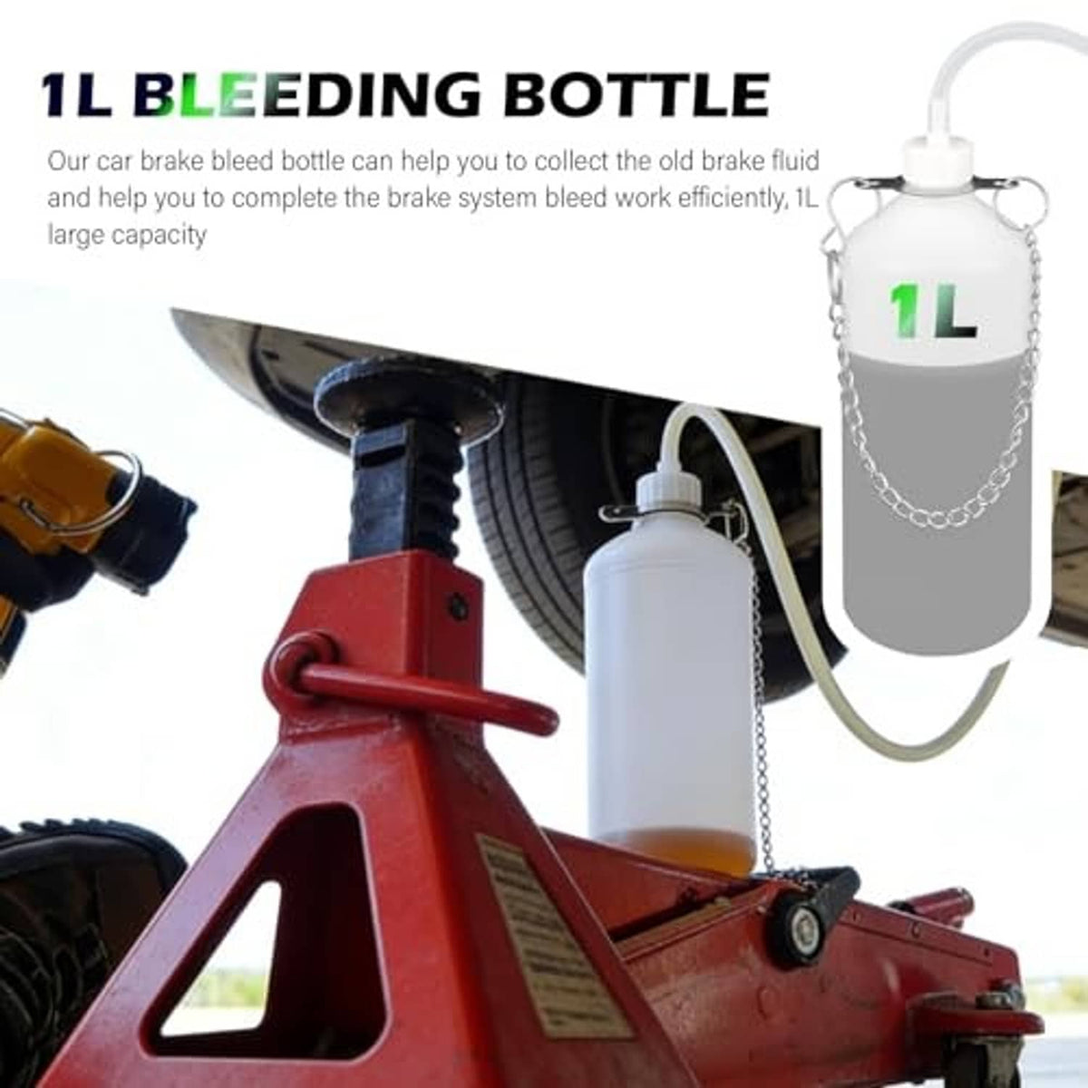 1L brake bleeding bottle with white bottle and clear hose for under-car use