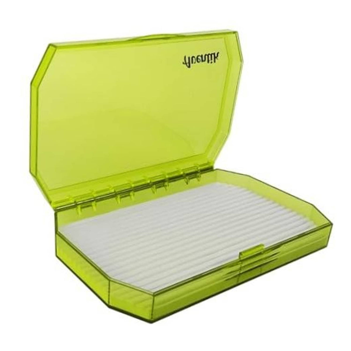 Large green fly fishing box with clear hinged lid, open with foam-lined tray