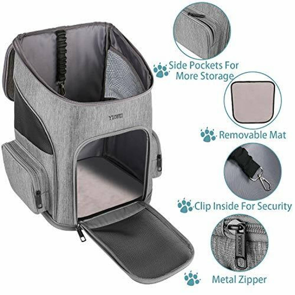 Gray pet backpack carrier with open top and front mesh panel, padded interior lining