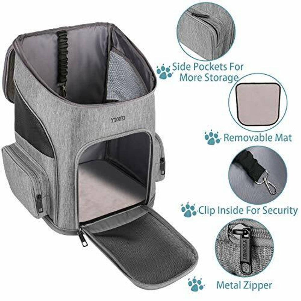 Gray pet backpack carrier with open top and front mesh panel, padded interior lining