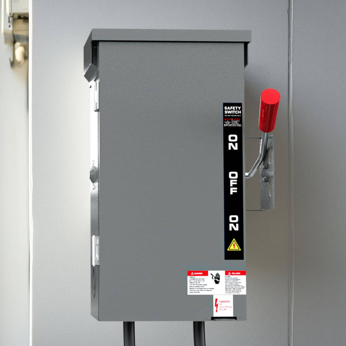 Gray manual generator transfer switch mounted on a wall with red handle and ON/OFF label