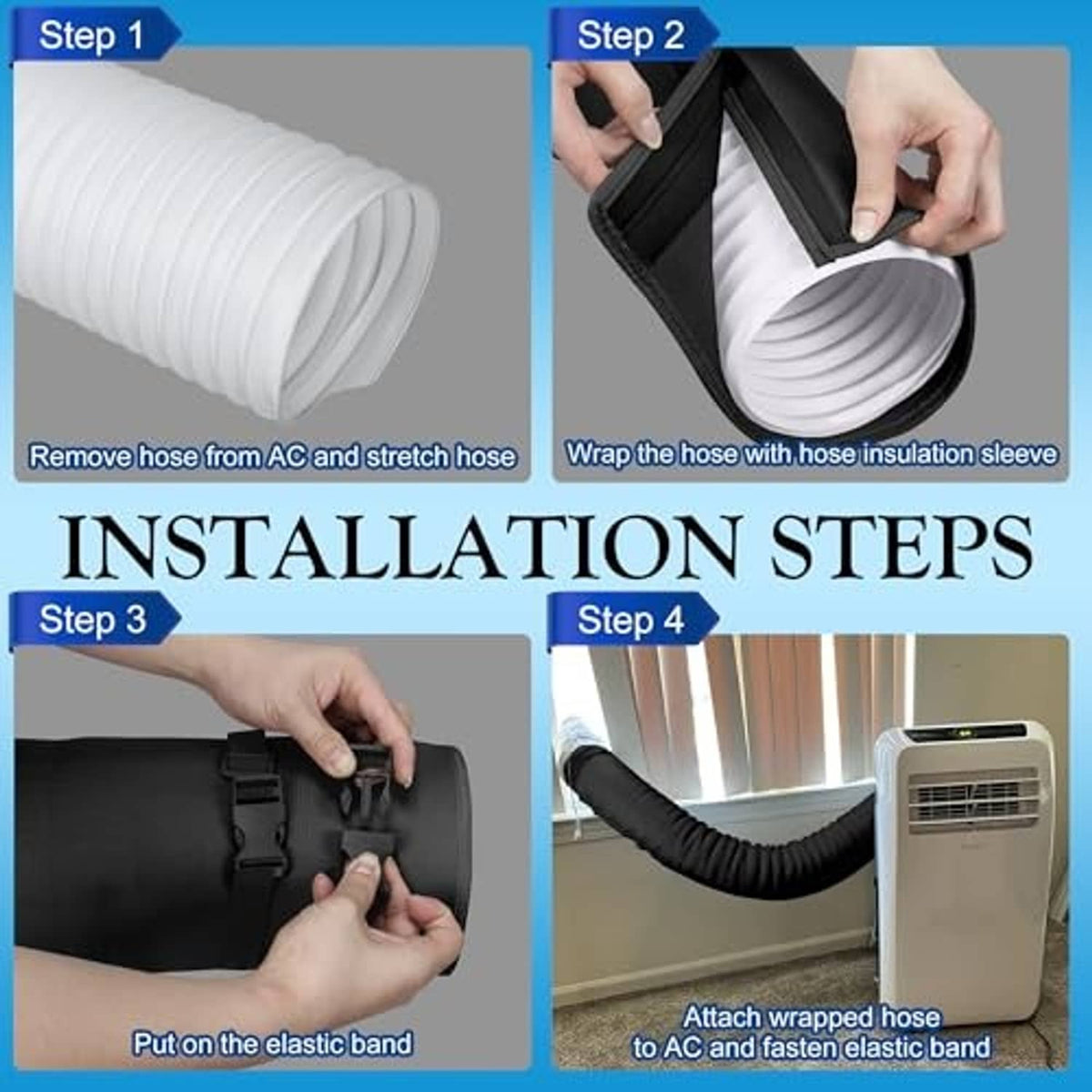 Black AC hose insulation sleeve stretched over a flexible AC hose for installation