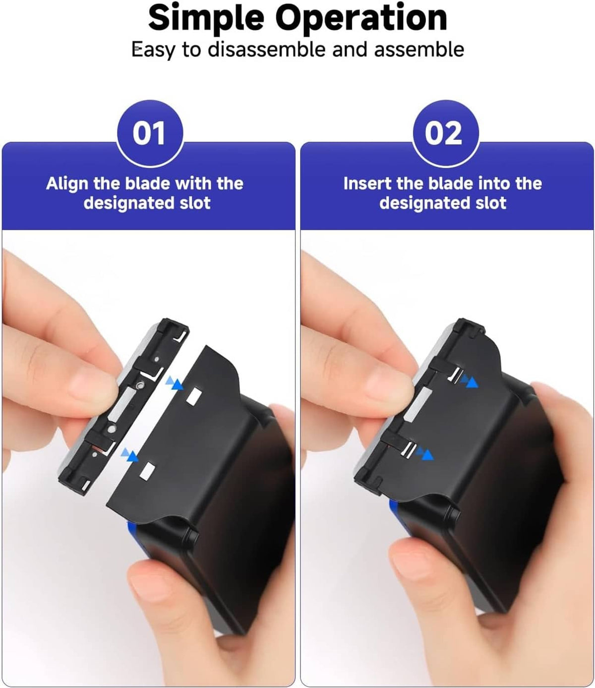 Magnetic cleaner showing blade alignment and insertion steps with blue handle
