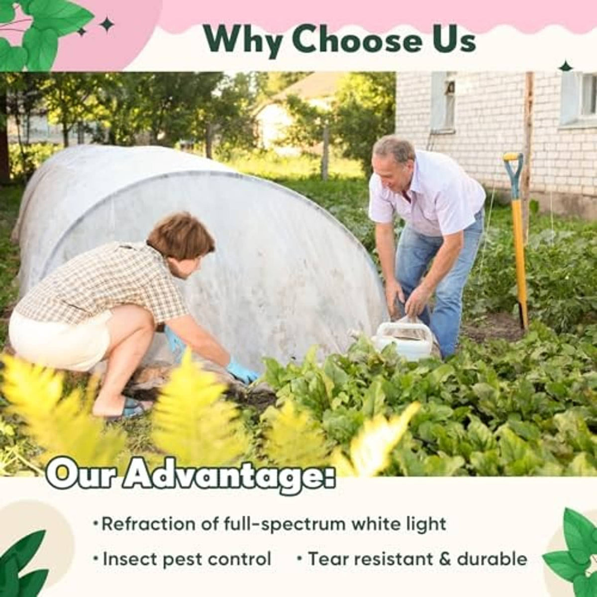 White non-woven plant cover tunnel over garden beds, with open entry