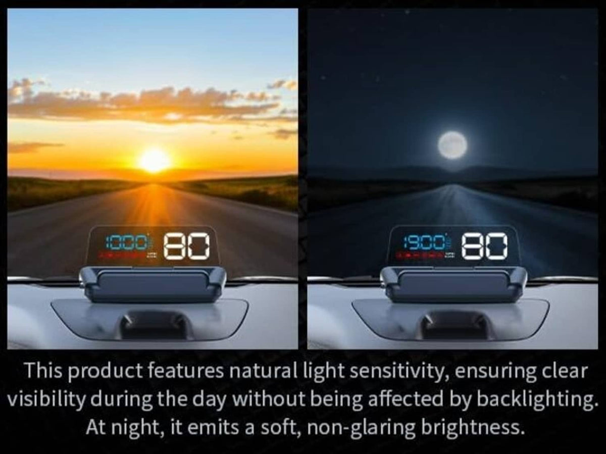 Windshield HUD projector showing blue speed digits on dark unit