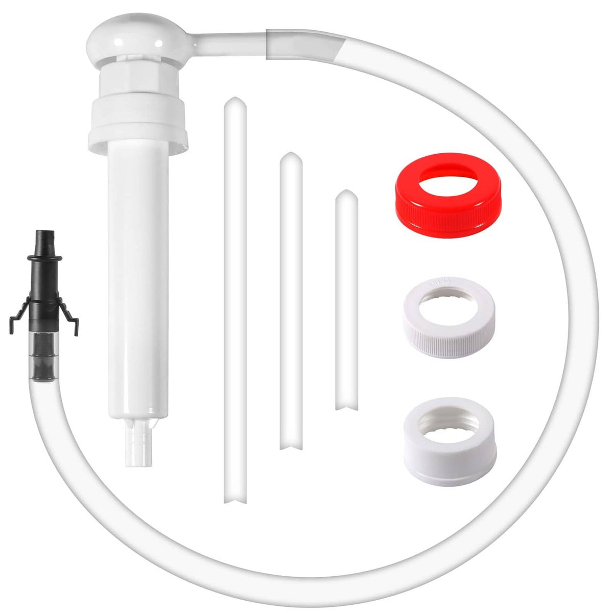 White fluid transfer pump with red cap and threaded bottle adapter rings