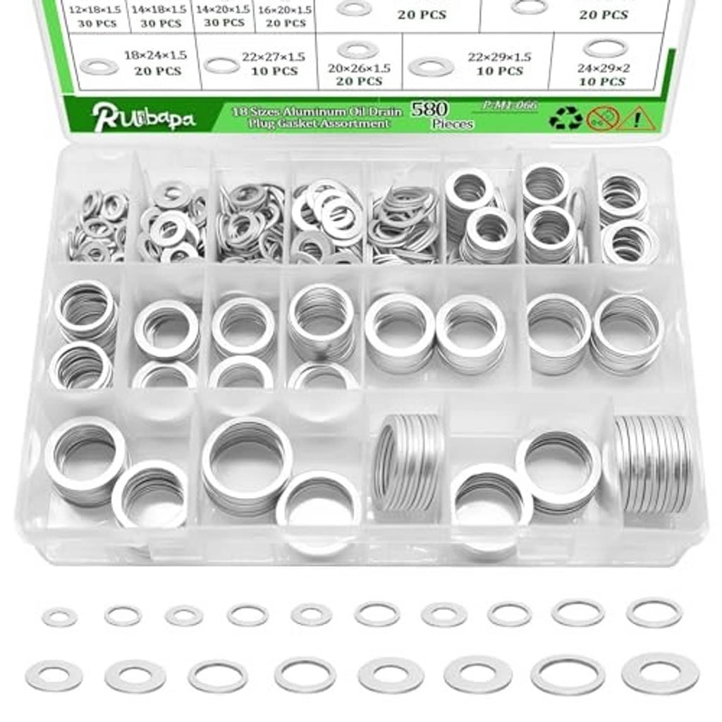 Top view of assorted aluminum oil drain plug crush washers in clear plastic organizer