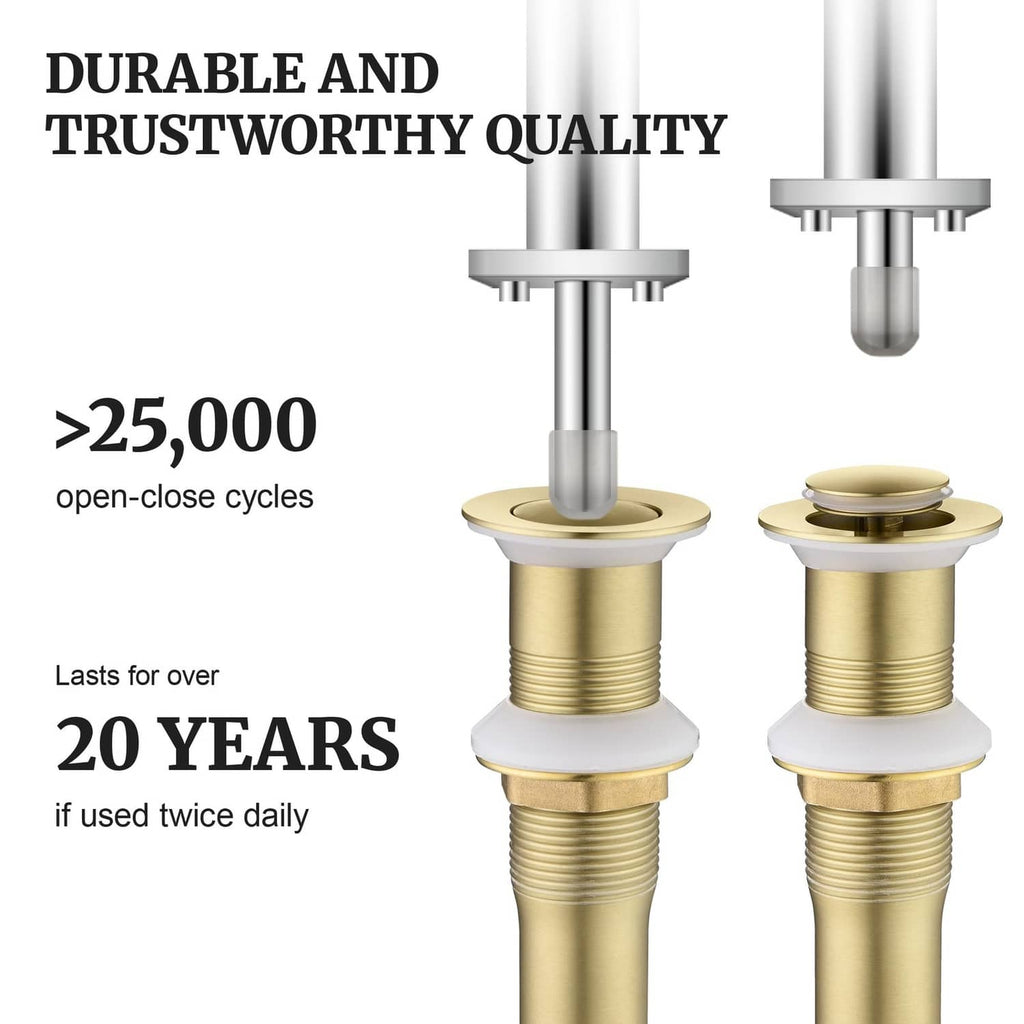 Brushed gold pop-up drain stopper with push-top cap and threaded drain stem