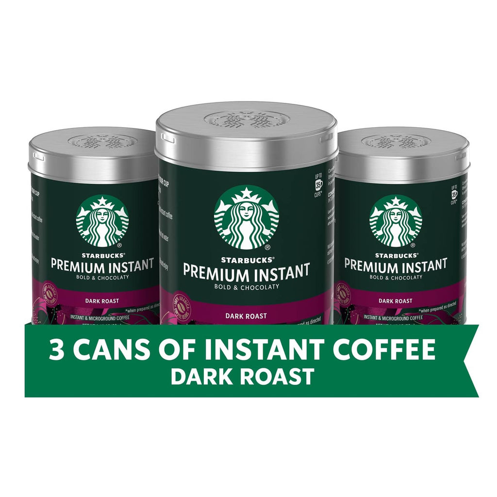 Starbucks Premium Instant Coffee dark roast: three stacked metal cans with green emblem.