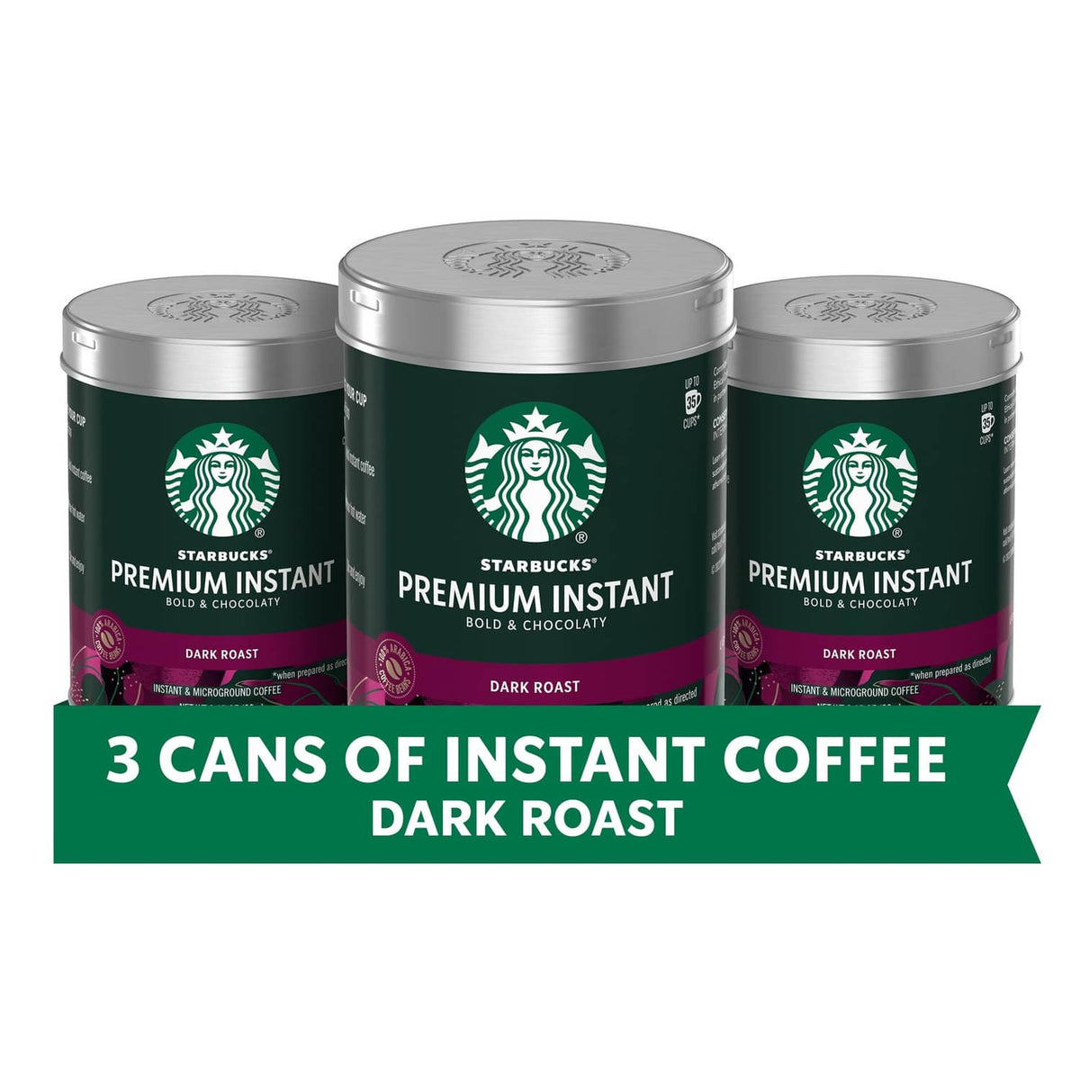 Starbucks Premium Instant Coffee dark roast: three stacked metal cans with green emblem.