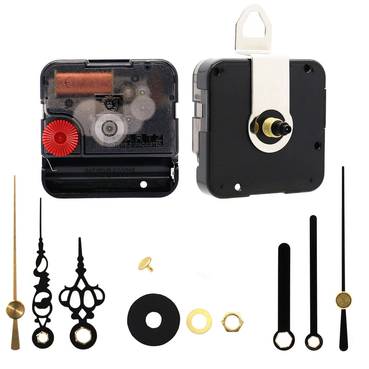 Black sweep silent clock movement with gold shaft, hands, washers, and spacers