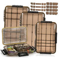 3-pack waterproof tackle storage boxes with clear lids open, organized for fishing gear